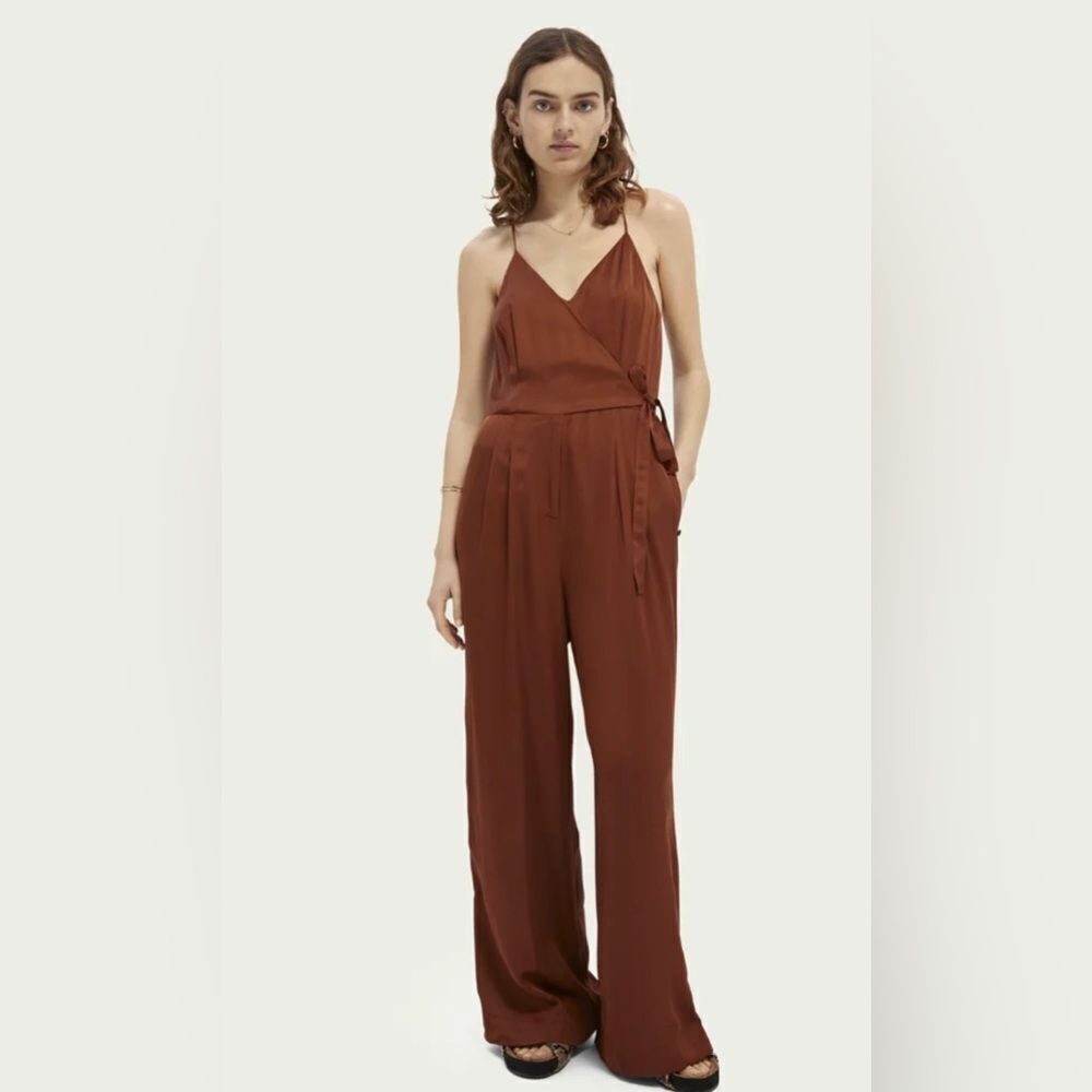 NEW SCOTCH & SODA Minimalist Wrap Jumpsuit copper cognac wide leg satin